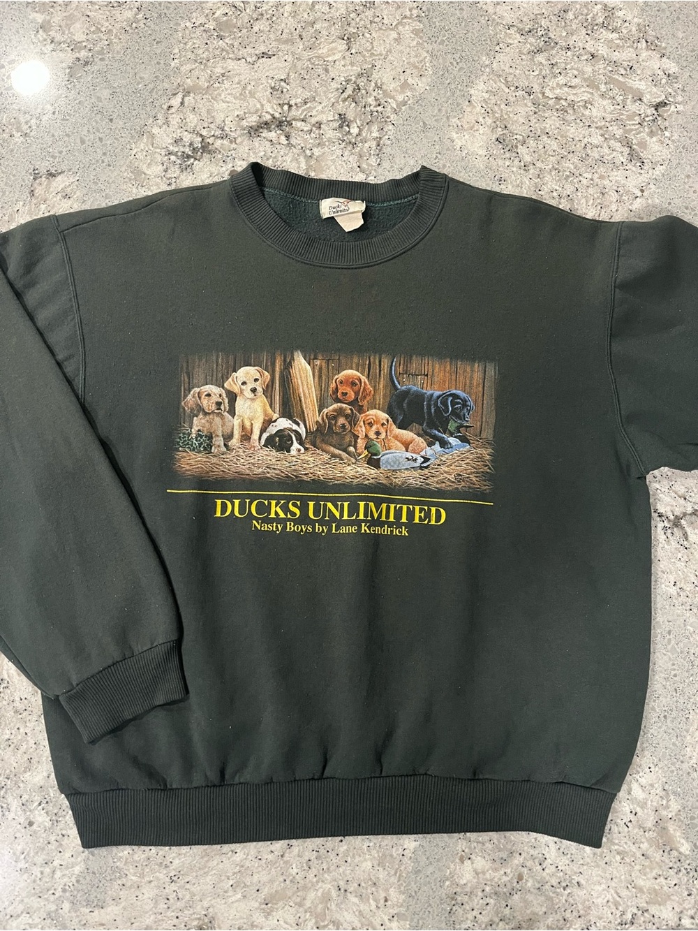 Vintage Dark Green Ducks Unlimited Puppy Art Crewneck